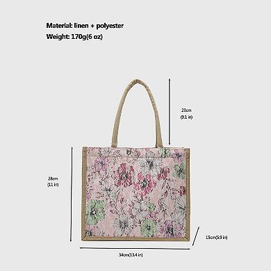 Women's Floral Linen-Polyester Tote Bag-Lightweight Floral Print Shopping Bag