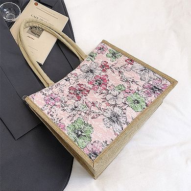 Women's Floral Linen-Polyester Tote Bag-Lightweight Floral Print Shopping Bag