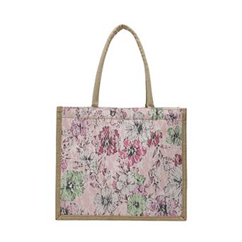Women's Floral Linen-Polyester Tote Bag-Lightweight Floral Print Shopping Bag