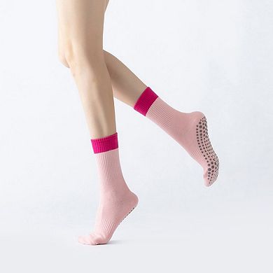 Women's Crew Grip Socks 2-Pack with Contrast Cuffs and Raised Textured Soles for Indoor Comfort