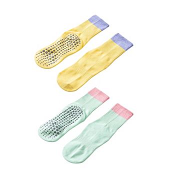 Women's Crew Grip Socks 2-Pack with Contrast Cuffs and Raised Textured Soles for Indoor Comfort