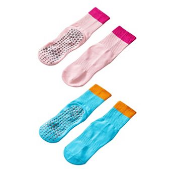 Women's Crew Grip Socks 2-Pack with Contrast Cuffs and Raised Textured Soles for Indoor Comfort