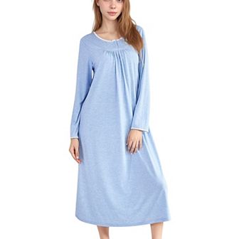 Women's Long Sleeve Pullover Nightgown with Lace Trim and Front Button Detail