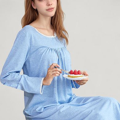 Women's Long Sleeve Pullover Nightgown with Lace Trim and Front Button Detail