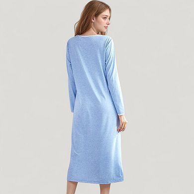 Women's Long Sleeve Pullover Nightgown with Lace Trim and Front Button Detail