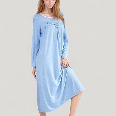 Women's Long Sleeve Pullover Nightgown with Lace Trim and Front Button Detail