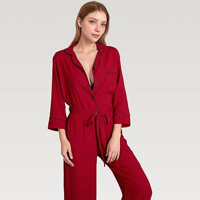Women's Button Front Pajama Jumpsuit with Contrast Trim and Waist Tie Detail