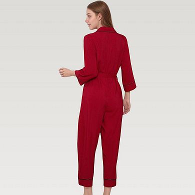 Women's Button Front Pajama Jumpsuit with Contrast Trim and Waist Tie Detail