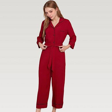 Women's Button Front Pajama Jumpsuit with Contrast Trim and Waist Tie Detail