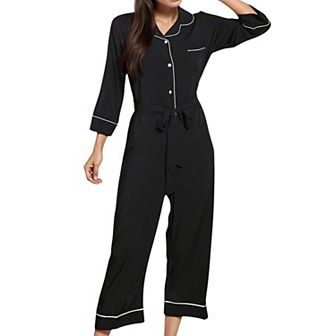 Women's Button Front Pajama Jumpsuit with Contrast Trim and Waist Tie Detail