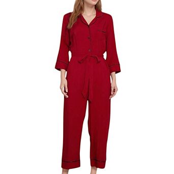 Women's Button Front Pajama Jumpsuit with Contrast Trim and Waist Tie Detail