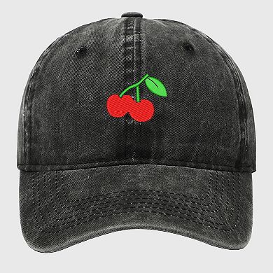Women's Vintage Washed Denim Baseball Cap with Cherry Embroidery