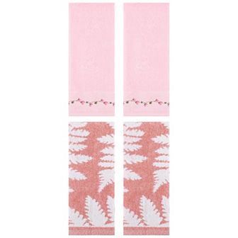 4 pc Leaves Pattern and Floral Embroidered Hand Towel Set, Absorbent Decorative Hand Towel 13"x29"