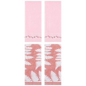 4 pc Leaves Pattern and Floral Embroidered Hand Towel Set, Absorbent Decorative Hand Towel 13"x29"