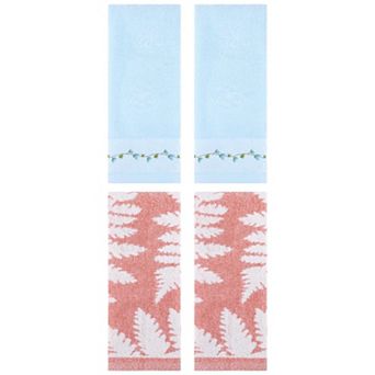 4 pc Leaves Pattern and Floral Embroidered Hand Towel Set, Absorbent Decorative Hand Towel 13"x29"