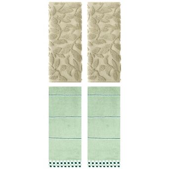 4 pc Striped Checked and Jacquard Pattern Hand Towel Set, Absorbent Soft Decorative Towels 14"x30"