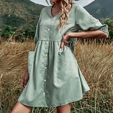Women's Button Front Mini Dress with V Neckline Puff Sleeves and Side Pockets