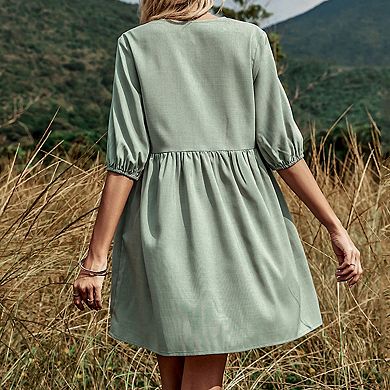 Women's Button Front Mini Dress with V Neckline Puff Sleeves and Side Pockets