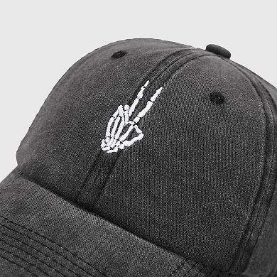 Women's Vintage Washed Baseball Cap with Skeleton Peace Sign Embroidery