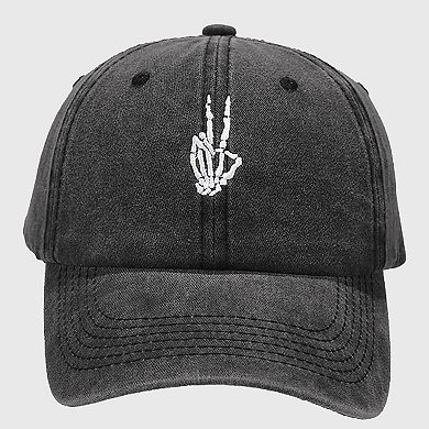 Women's Vintage Washed Baseball Cap with Skeleton Peace Sign Embroidery