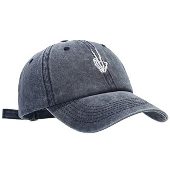 Women's Vintage Washed Baseball Cap with Skeleton Peace Sign Embroidery