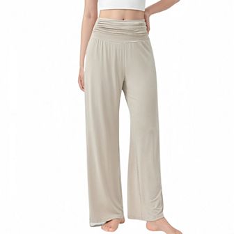 Women's Wide Leg Lounge Pants with Fold Over Waistband and Adjustable Drawstring Hem