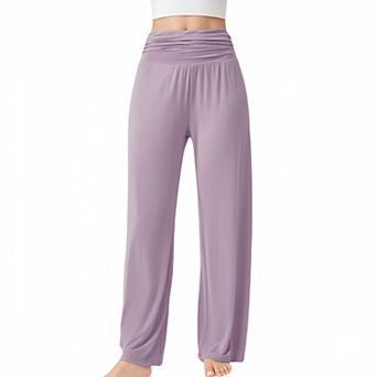 Women's Wide Leg Lounge Pants with Fold Over Waistband and Adjustable Drawstring Hem