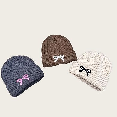 Women's Ribbed Knit Beanie Hat with Folded Cuff and Embroidered Bow Detail