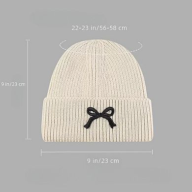Women's Ribbed Knit Beanie Hat with Folded Cuff and Embroidered Bow Detail