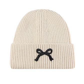 Women's Ribbed Knit Beanie Hat with Folded Cuff and Embroidered Bow Detail