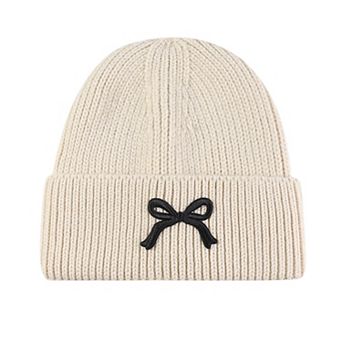 Women's Ribbed Knit Beanie Hat with Folded Cuff and Embroidered Bow Detail