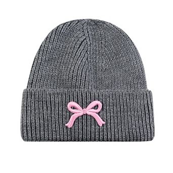 Women's Ribbed Knit Beanie Hat with Folded Cuff and Embroidered Bow Detail