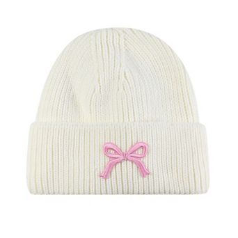 Women's Ribbed Knit Beanie Hat with Folded Cuff and Embroidered Bow Detail