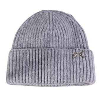 Women's Ribbed Knit Beanie Hat with Folded Cuff and Metal Bow Accent