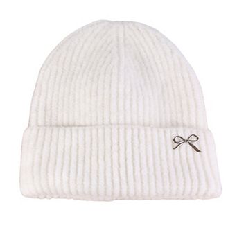 Women's Ribbed Knit Beanie Hat with Folded Cuff and Metal Bow Accent