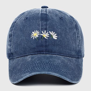 Women's Vintage - Washed Baseball Cap with Daisy Embroidery