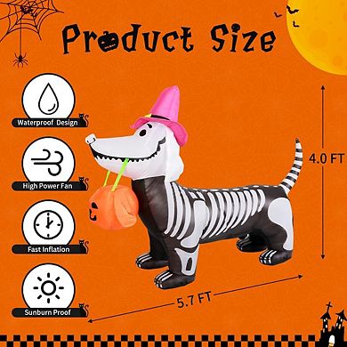 GOOSH 5.5 FT Halloween Inflatables Skeleton Puppy with Build-in LEDs
