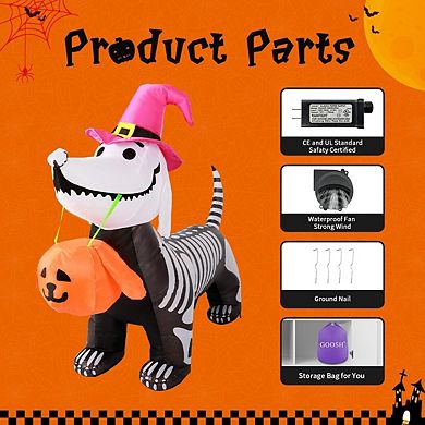 GOOSH 5.5 FT Halloween Inflatables Skeleton Puppy with Build-in LEDs