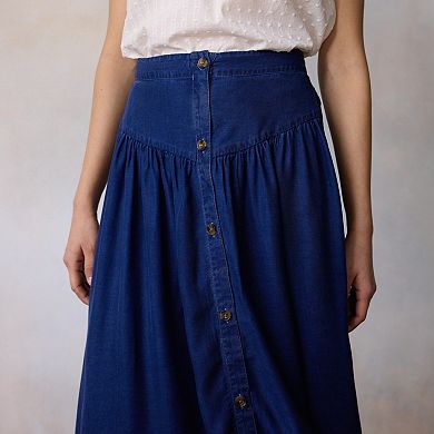 Petite LC Lauren Conrad V-Yoke Button Front Midi Skirt