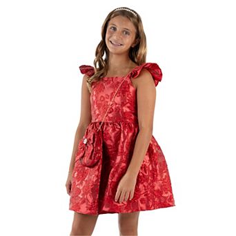 Girls 7-14 Rare Editions Metallic Brocade 2 pc Flutter Sleeve Shirred Dress & Matching Purse Set