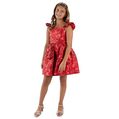 Girls 7-14 Rare Editions Metallic Brocade 2 pc Flutter Sleeve Shirred Dress & Matching Purse Set