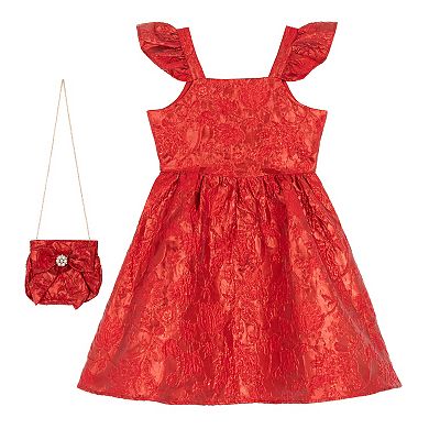 Girls 7-14 Rare Editions Metallic Brocade 2 pc Flutter Sleeve Shirred Dress & Matching Purse Set