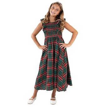 Girls 7-16 Rare Editions Plaid Smocked Bodice Maxi Dress With Flutter Sleeve