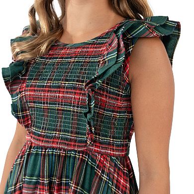 Girls 7-16 Rare Editions Plaid Smocked Bodice Maxi Dress With Flutter Sleeve