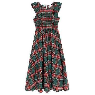 Girls 7-16 Rare Editions Plaid Smocked Bodice Maxi Dress With Flutter Sleeve