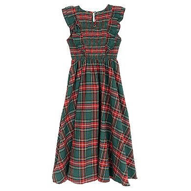 Girls 7-16 Rare Editions Plaid Smocked Bodice Maxi Dress With Flutter Sleeve