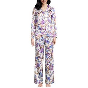 Women's Lands' End Satin 2 pc Long Sleeve Pajama Top & Wide Leg Pajama Pants Set