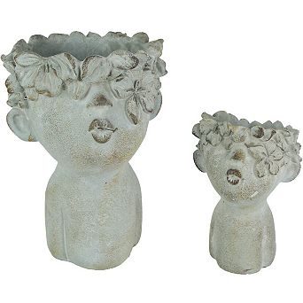 Pair of Pucker Up Kissing Face Weathered Finish Concrete Head Planters