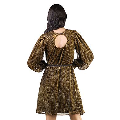 Artyska Women's Crewneck Shimmer Balloon Sleeve Tie-Waist Dress