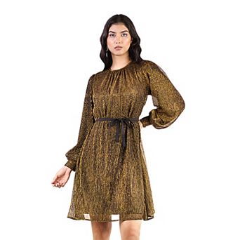 Artyska Women's Crewneck Shimmer Balloon Sleeve Tie-Waist Dress
